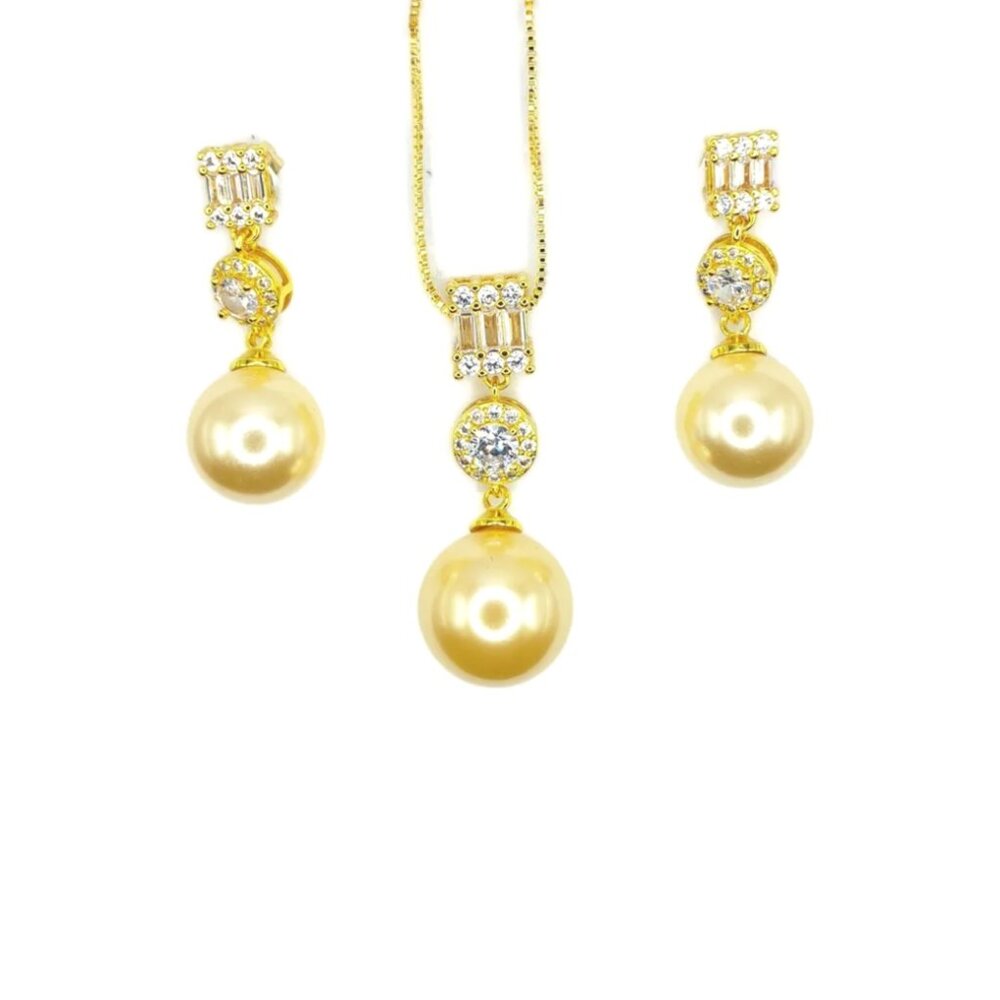 Golden Faux Pearl Necklace And Earring Set